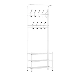 18 Hook Metal Frame Hallway Coat Hanger w/ 3-Tier Shoe Storage White