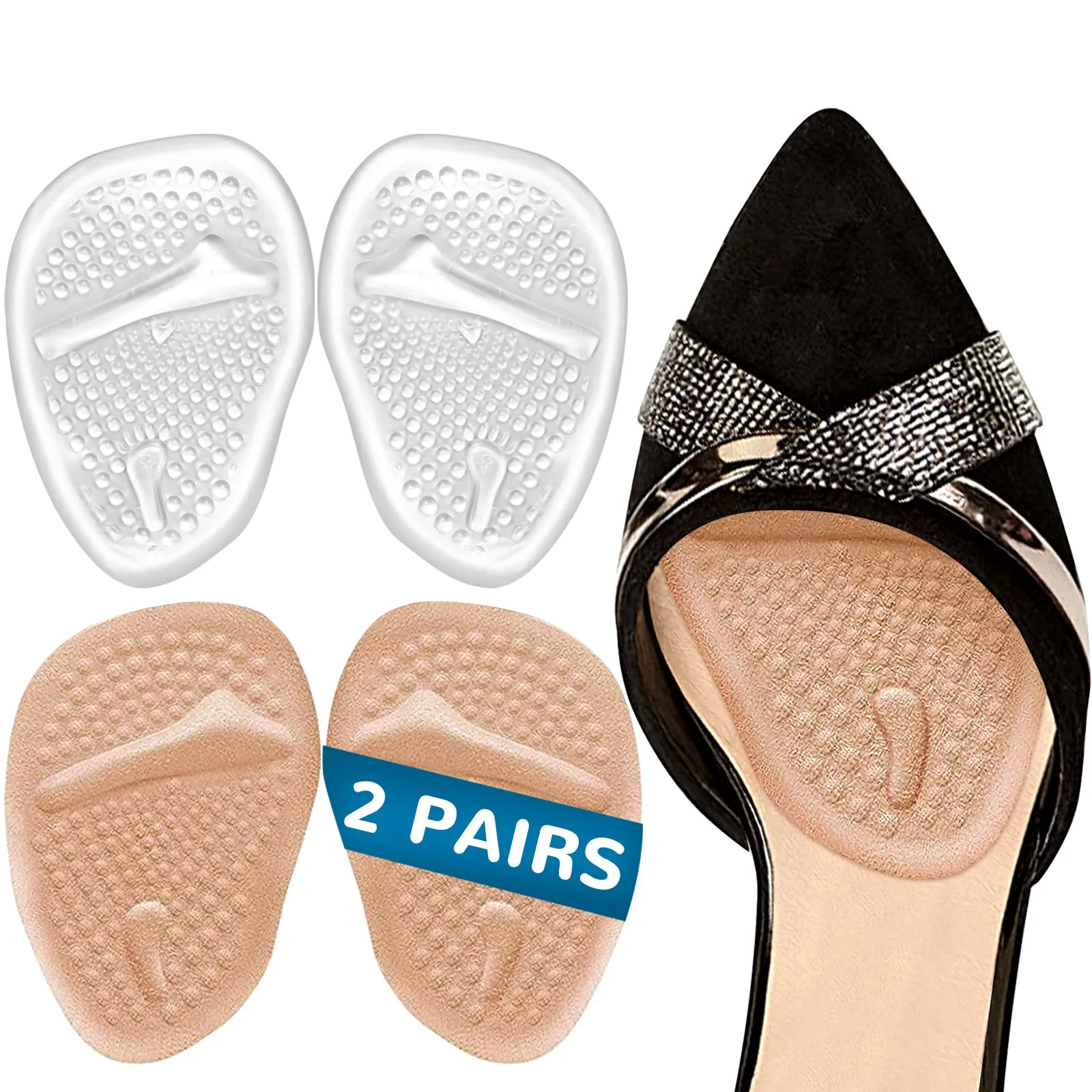 2 Pairs Ball of Foot Cushion Pads, Metatarsal Pads, Anti-Slip High Heel Insoles for Women, Party Feet, Pain Relief, Gel Insoles Insert Women for High Heels Prevent Blisters and Calluses fit All Shoes 2 Pairs