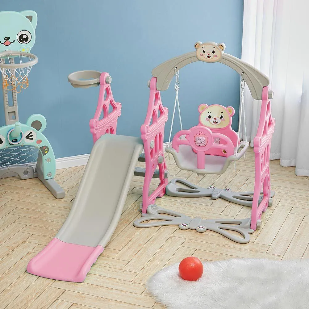 3 In 1 Fun Cyan/Pink Kids Toddler Swing and Slide Set Indoor and Outdoor