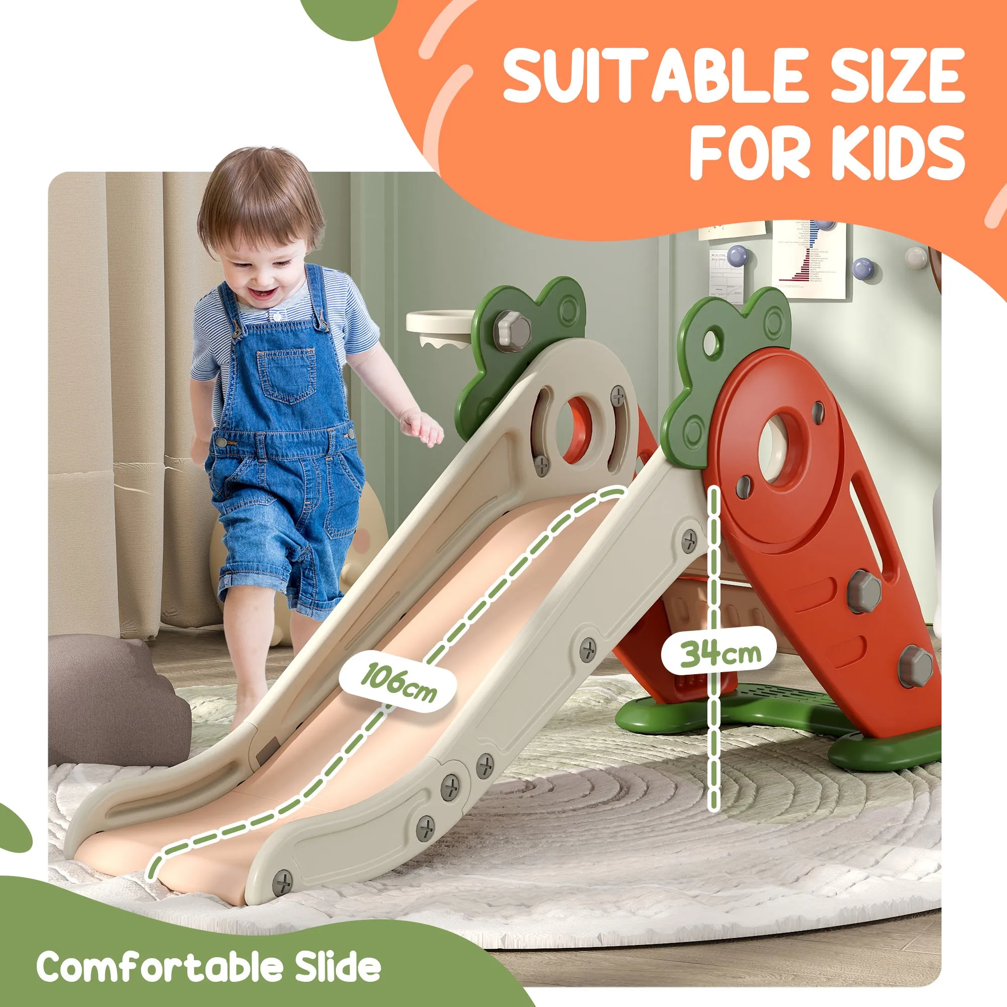 3 in 1 Kids Slide, Carrot-themed Foldable Indoor Slide for 1-3 Years