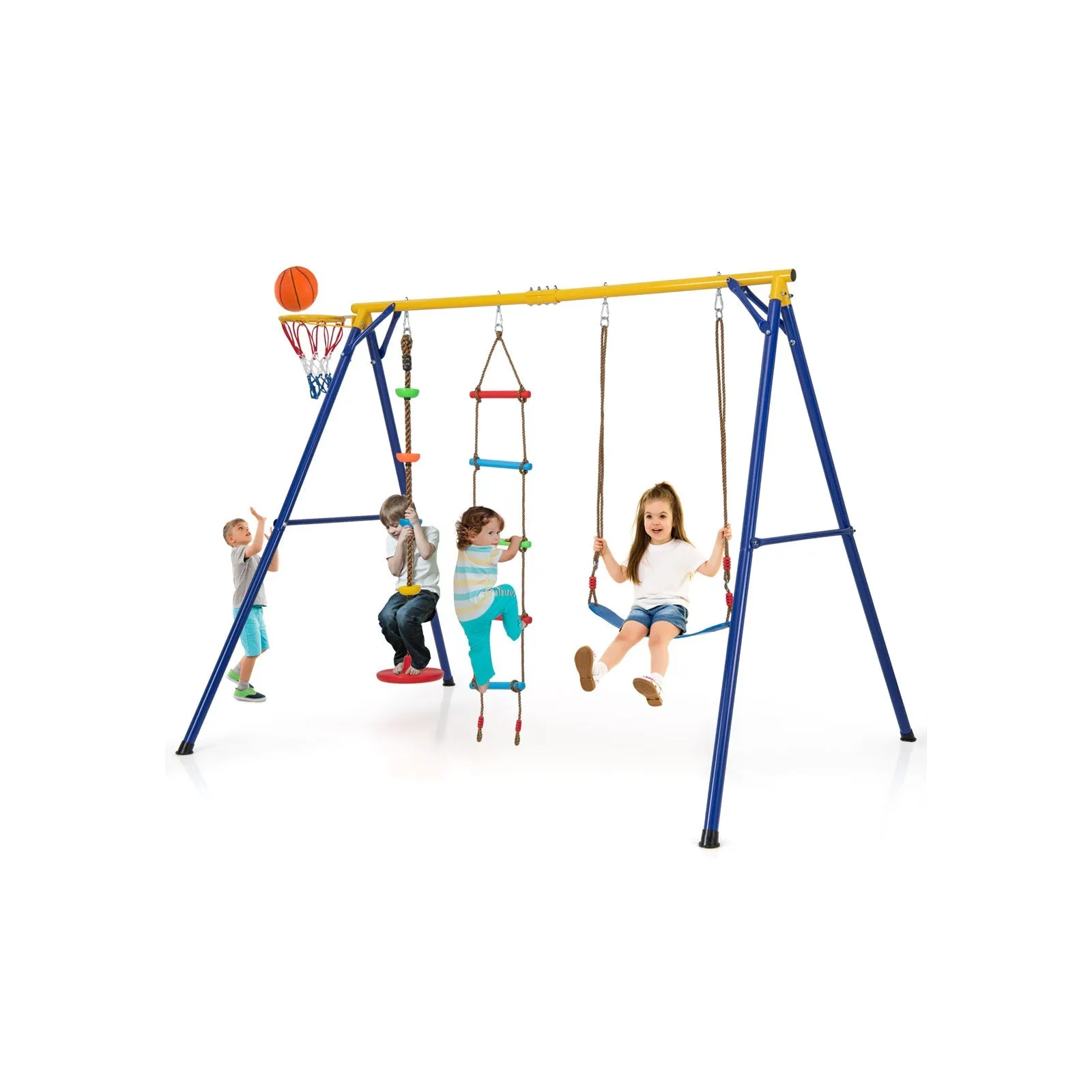 4-in-1 Heavy Duty Swing Set with 1 Basketball Hoop and 1 Adjustable Belt Swing-Blue &amp; Yellow