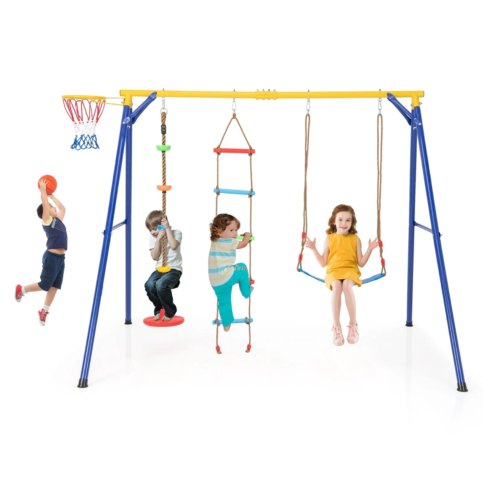 4-in-1 Heavy Duty Swing Set with 1 Basketball Hoop and 1 Adjustable Belt Swing-Blue &amp; Yellow