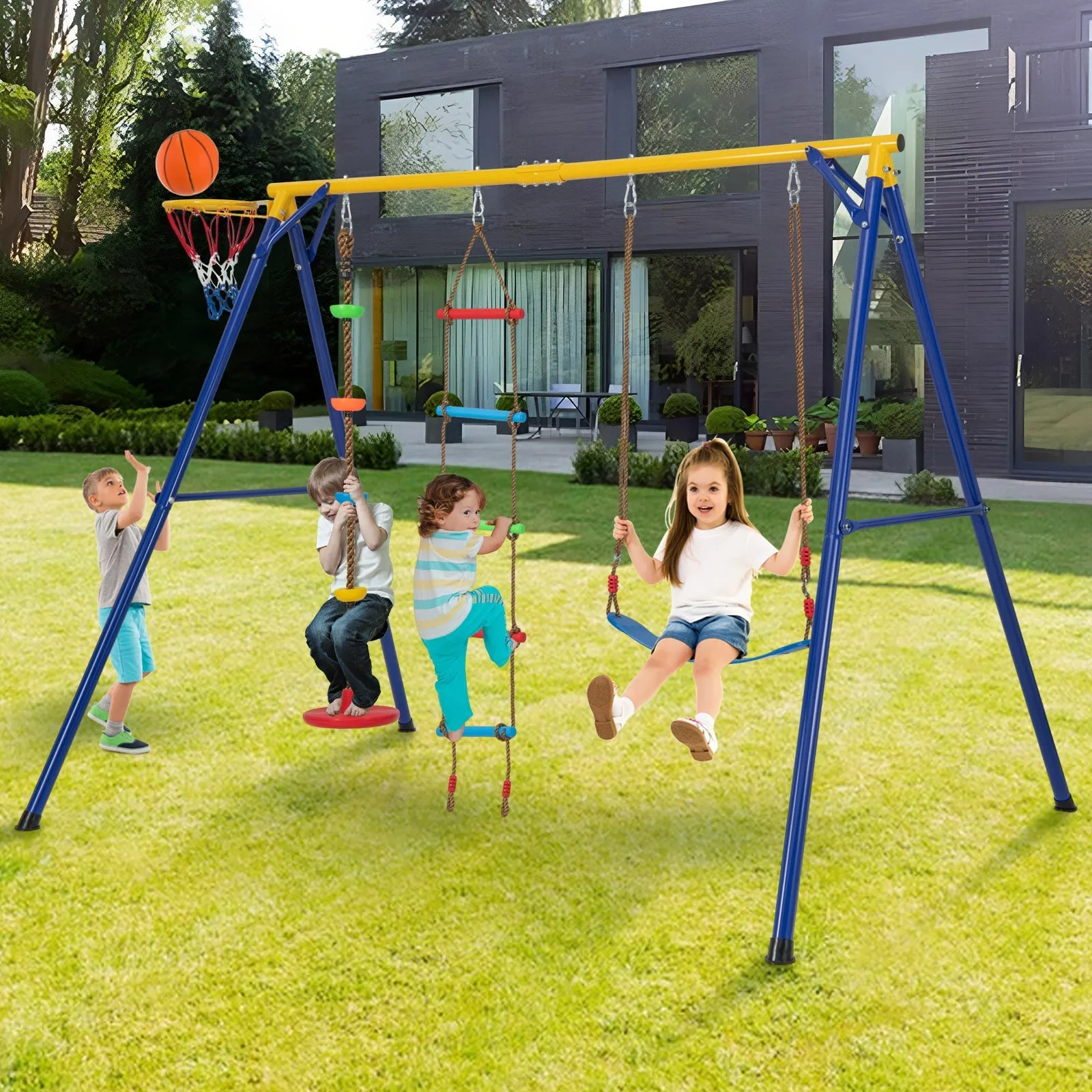 4-in-1 Heavy Duty Swing Set with 1 Basketball Hoop and 1 Adjustable Belt Swing-Blue &amp; Yellow