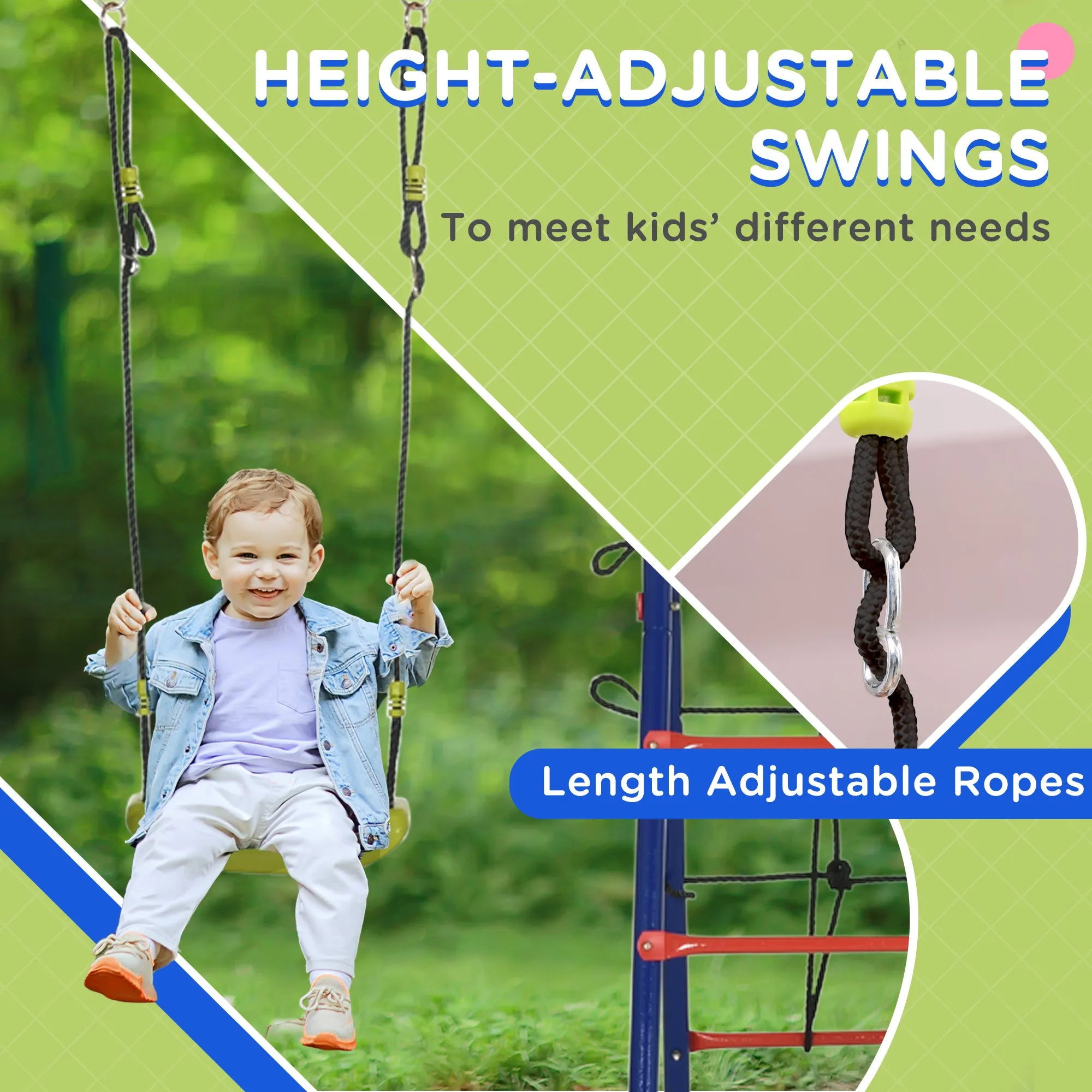 6 In 1 Metal Garden Swing Set, Kids Swings with Double Swings, Climbing Frame, Glider, Trapeze Bar, Basketball Hoop