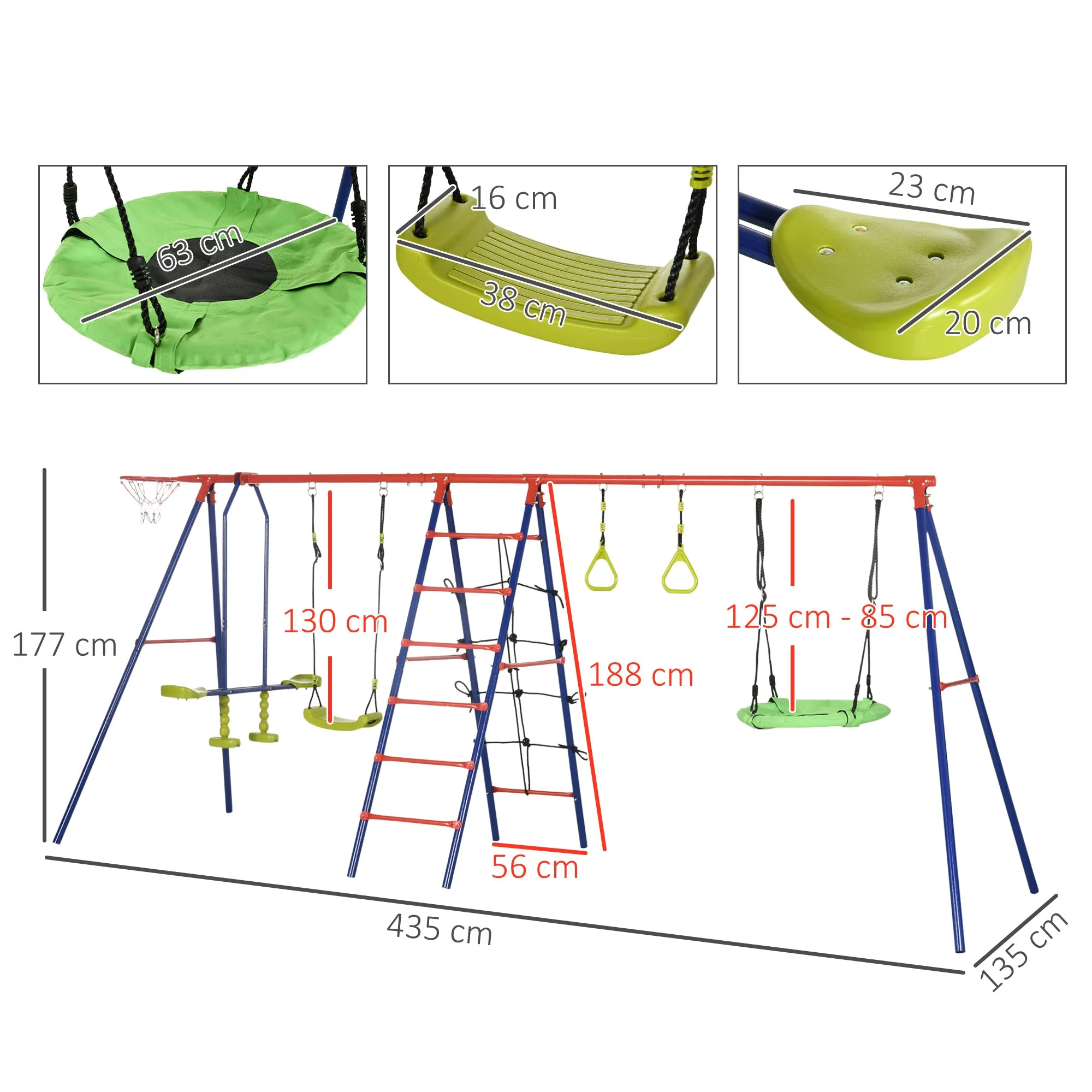 6 In 1 Metal Garden Swing Set, Kids Swings with Double Swings, Climbing Frame, Glider, Trapeze Bar, Basketball Hoop