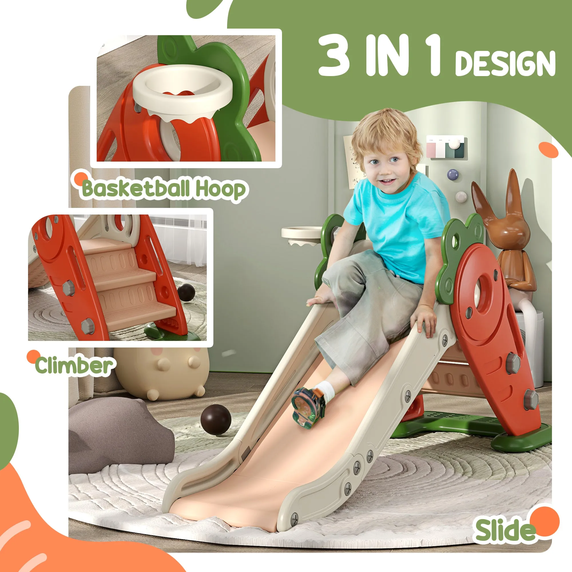 AIYAPLAY 3 In 1 Kids Slide, Carrot-themed Foldable Indoor Slide For 1-3 Years