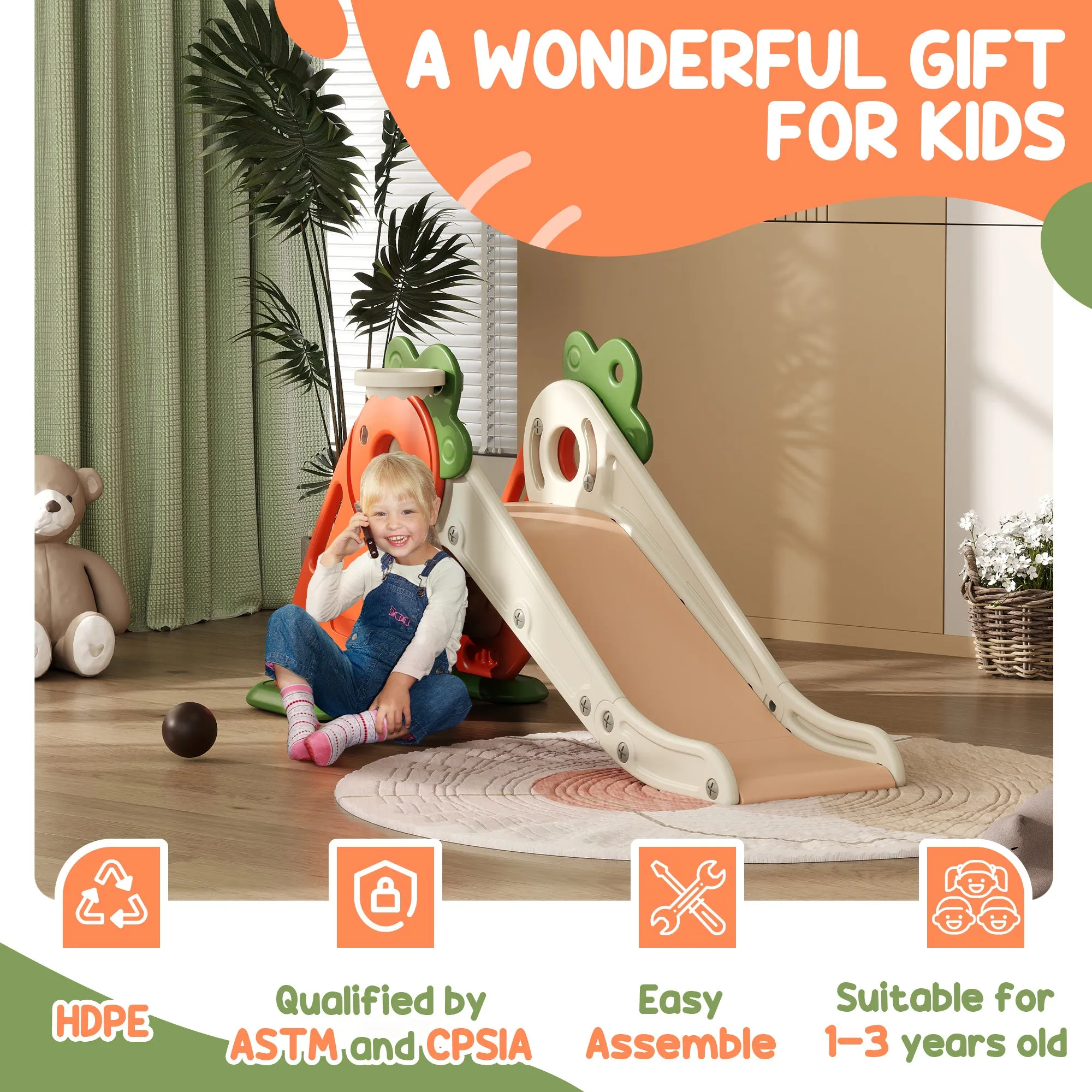 AIYAPLAY 3 In 1 Kids Slide, Carrot-themed Foldable Indoor Slide For 1-3 Years