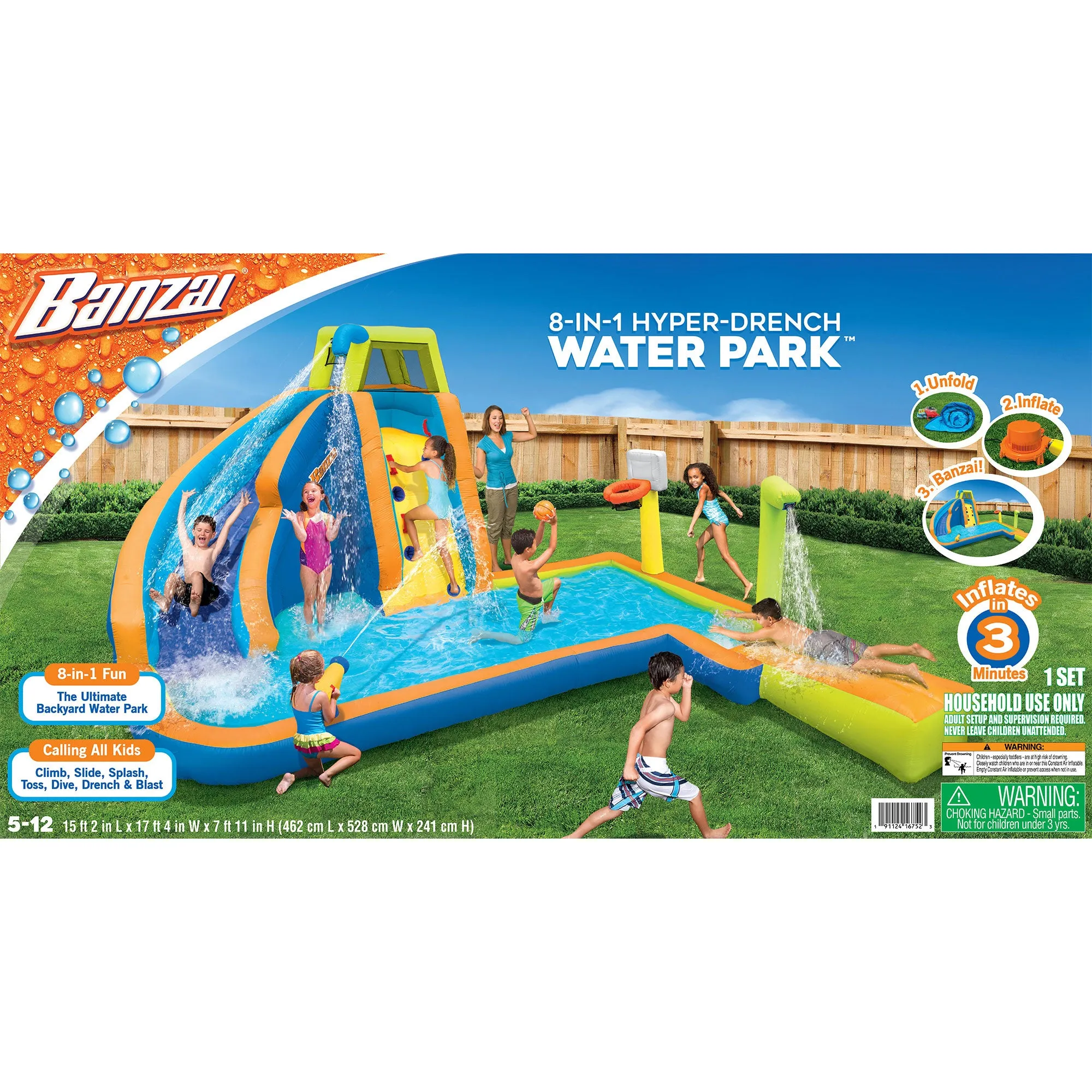 Banzai Hyper Drench 8-in-1 Giant Inflatable Water Slide Activity Splash Park