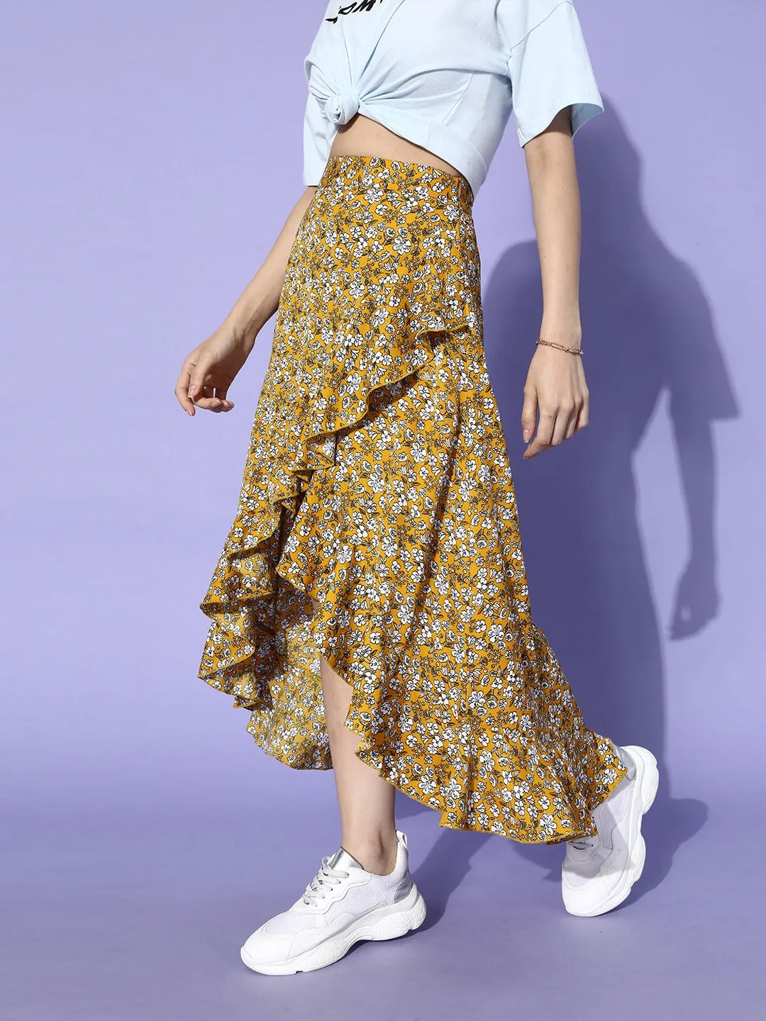 Berrylush Women Mustard Yellow Floral Print Ruffled Hem Wrap Skirt