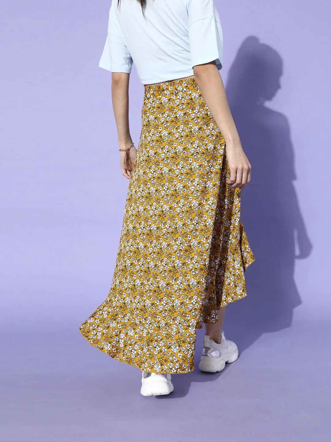 Berrylush Women Mustard Yellow Floral Print Ruffled Hem Wrap Skirt