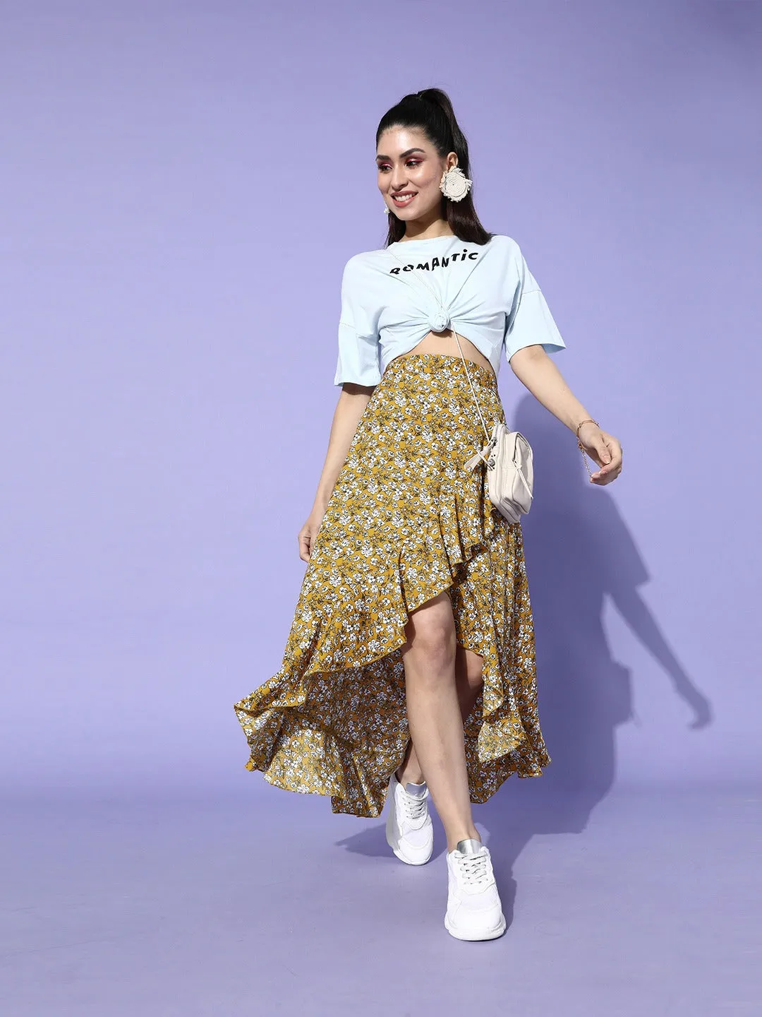 Berrylush Women Mustard Yellow Floral Print Ruffled Hem Wrap Skirt