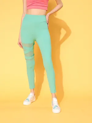 Berrylush Women Solid Mint Green Super Stretchy & High Waisted Criss-Cross Mesh Sports Tights