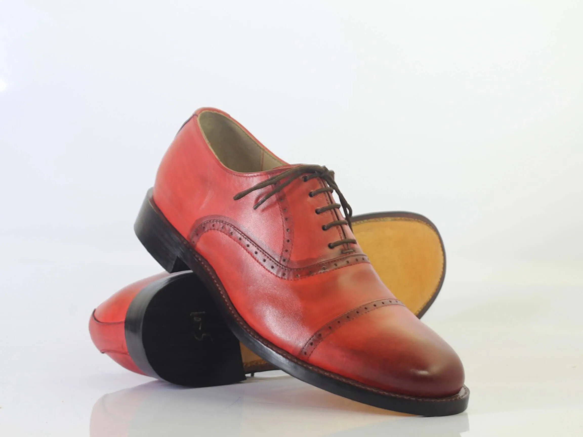 Bespoke Red Leather Cap Toe Loafer Shoes for Men's