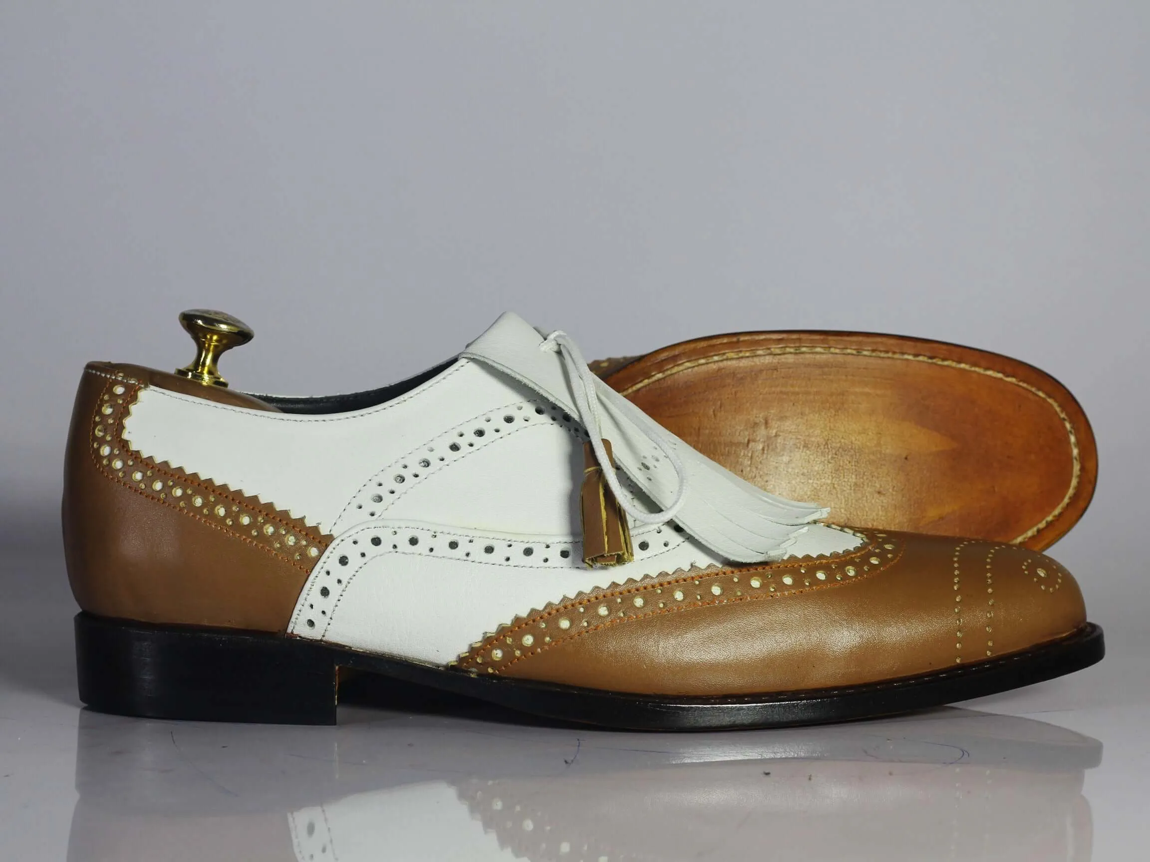 Bespoke White & Brown Leather Fringe Wing Tip Shoes for Men's