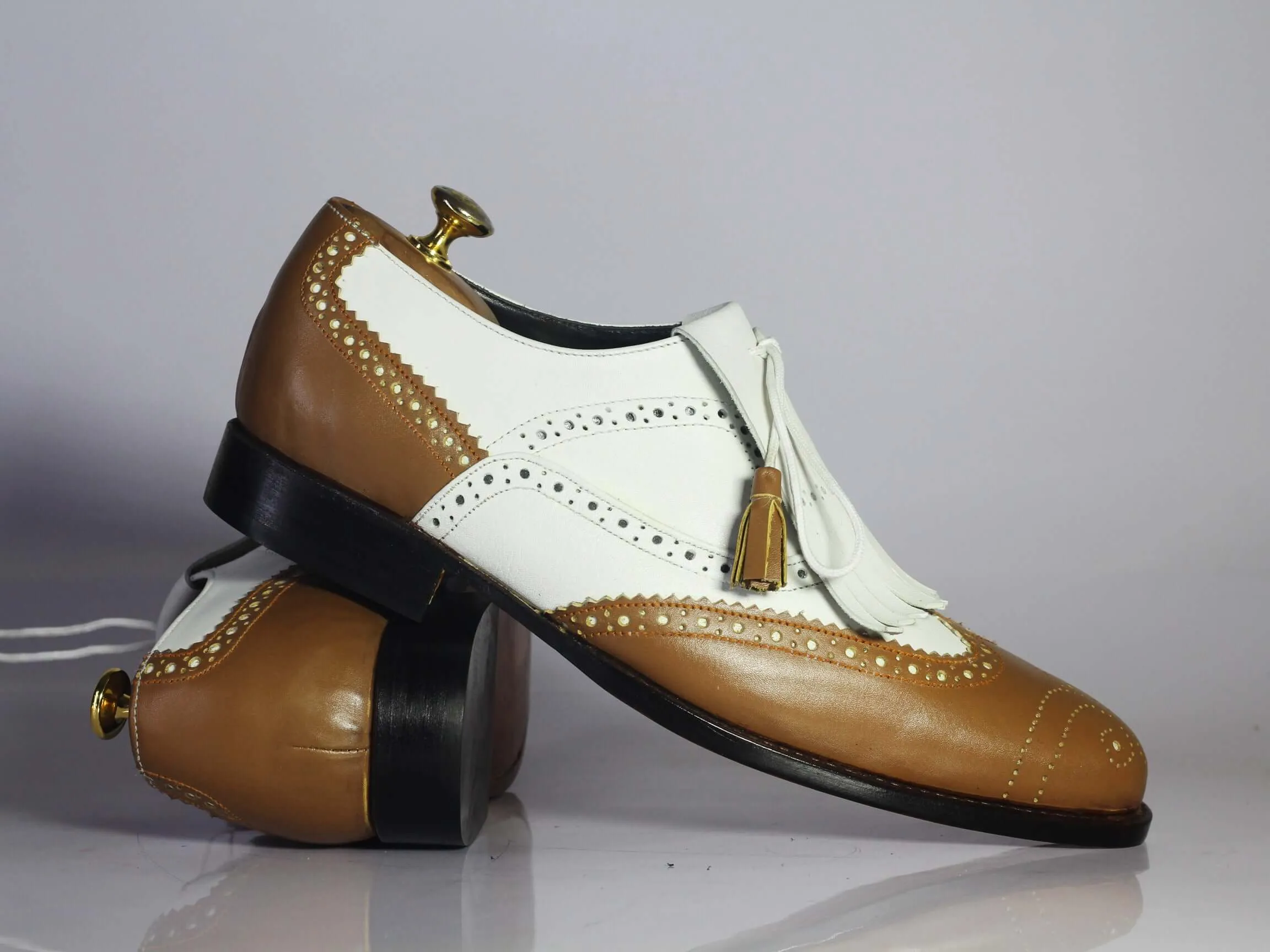 Bespoke White & Brown Leather Fringe Wing Tip Shoes for Men's