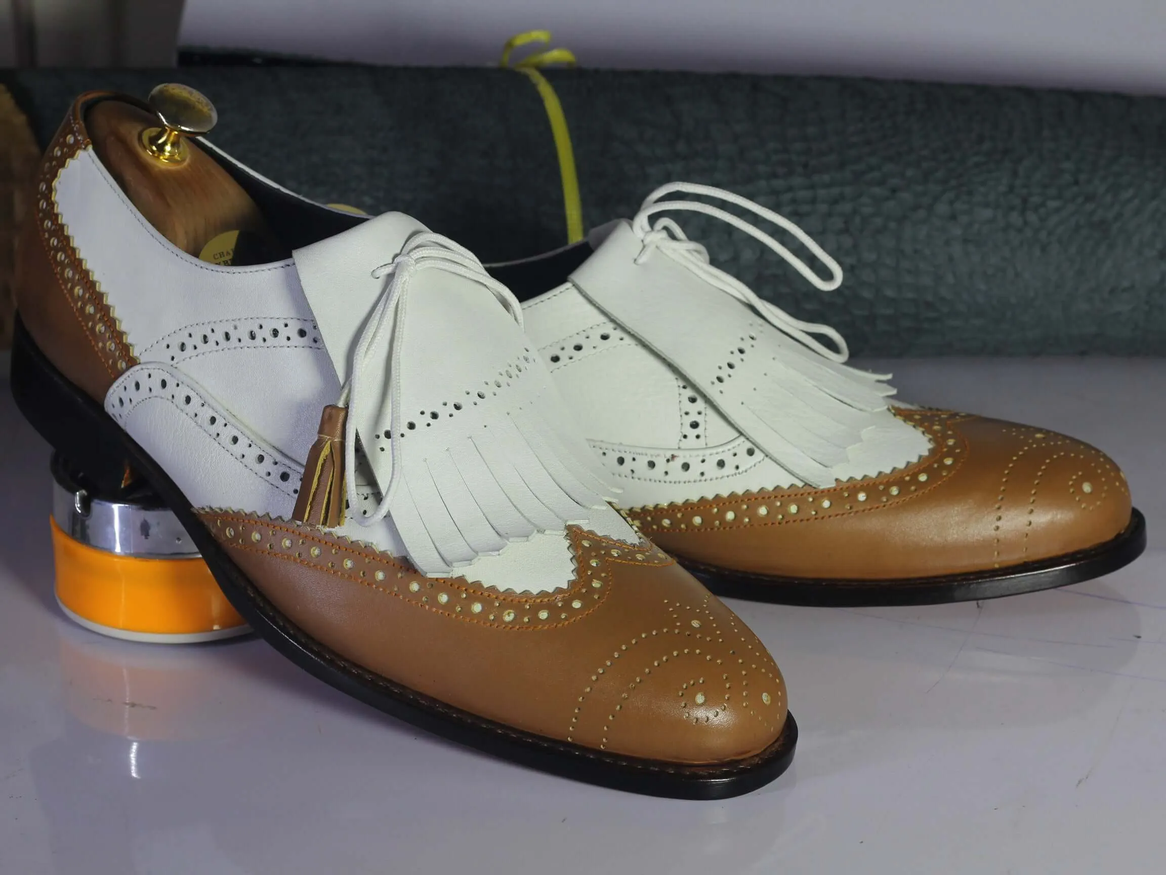 Bespoke White & Brown Leather Fringe Wing Tip Shoes for Men's