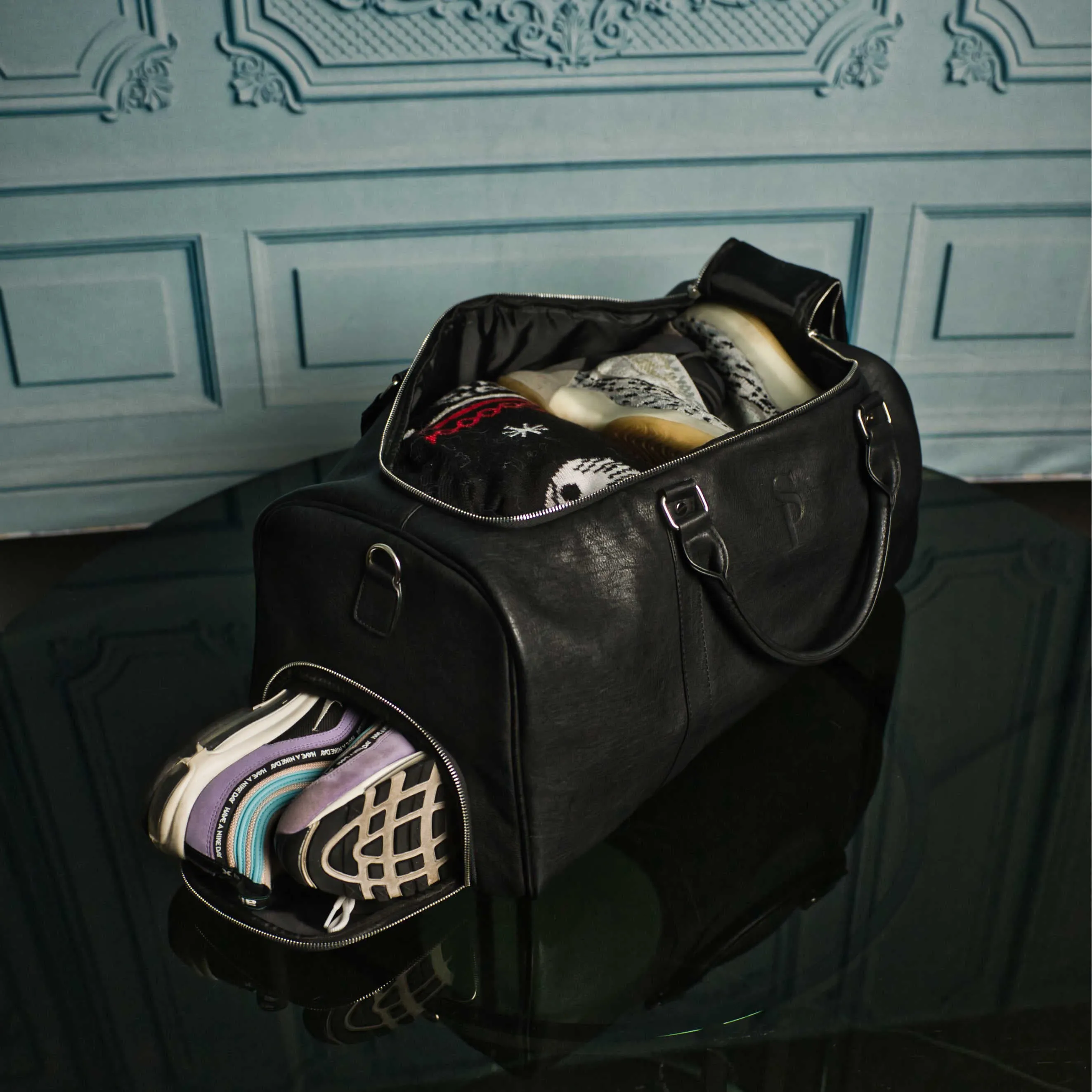 Black Leather Duffle Bag