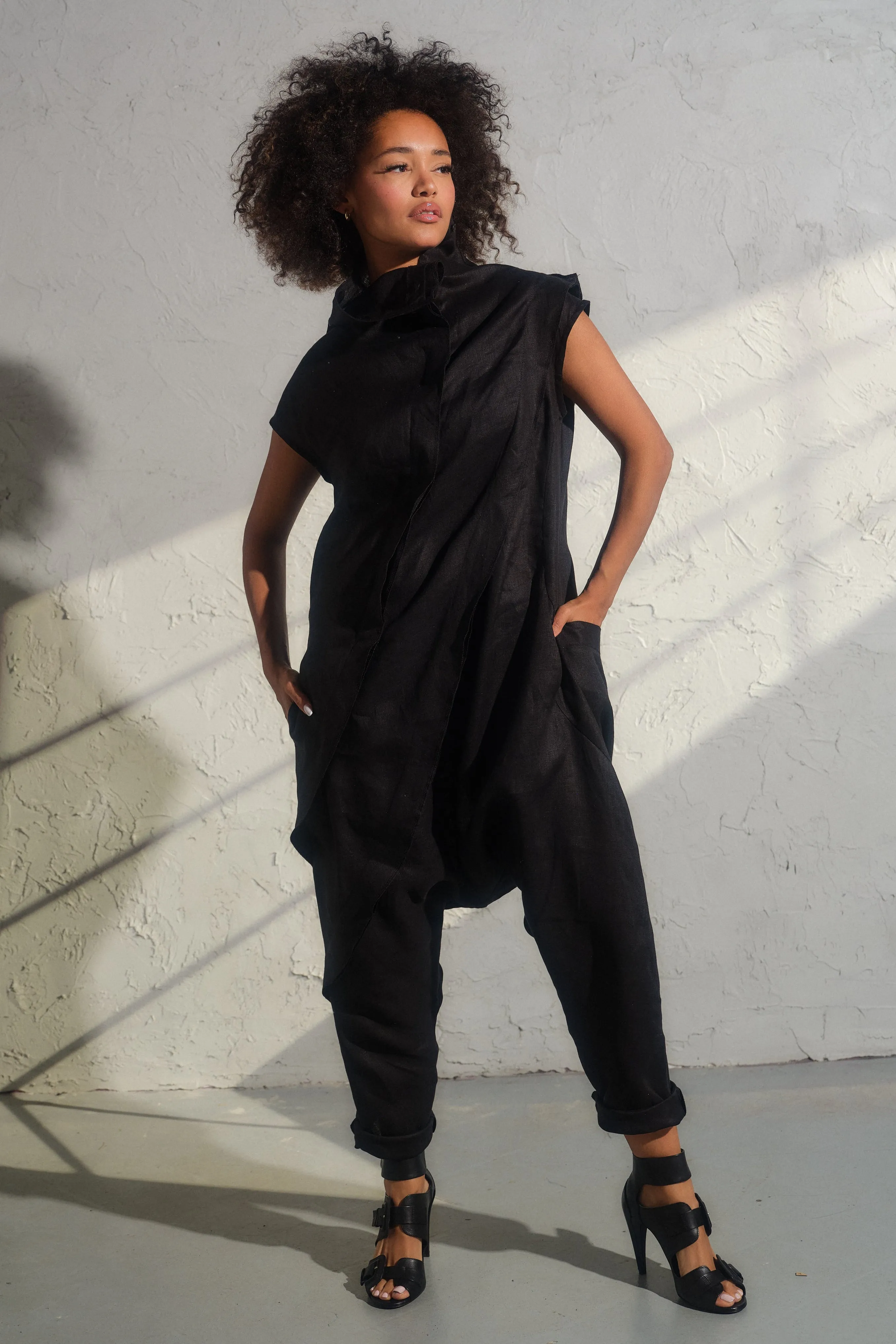 Black linen baggy jumpsuit