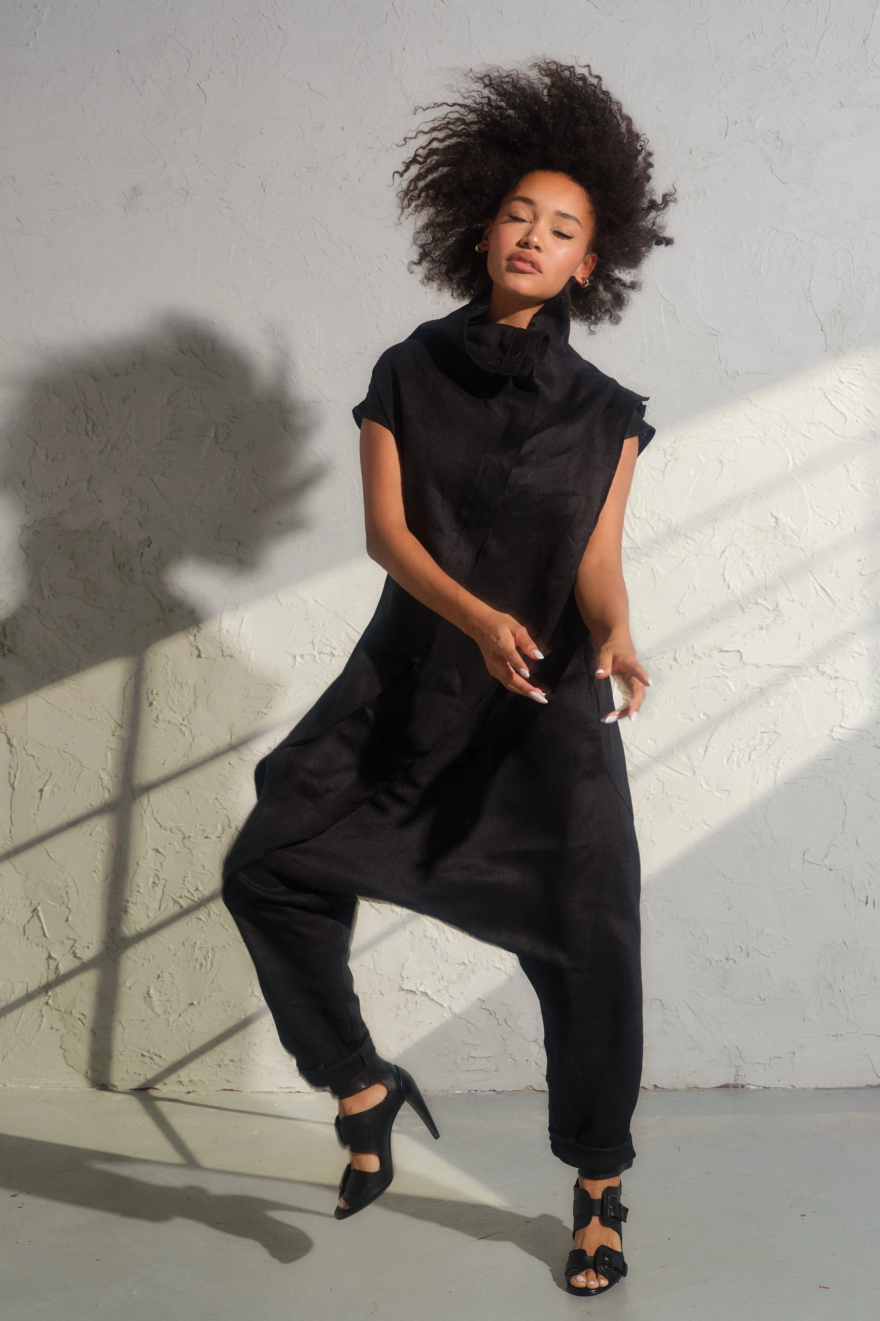 Black linen baggy jumpsuit