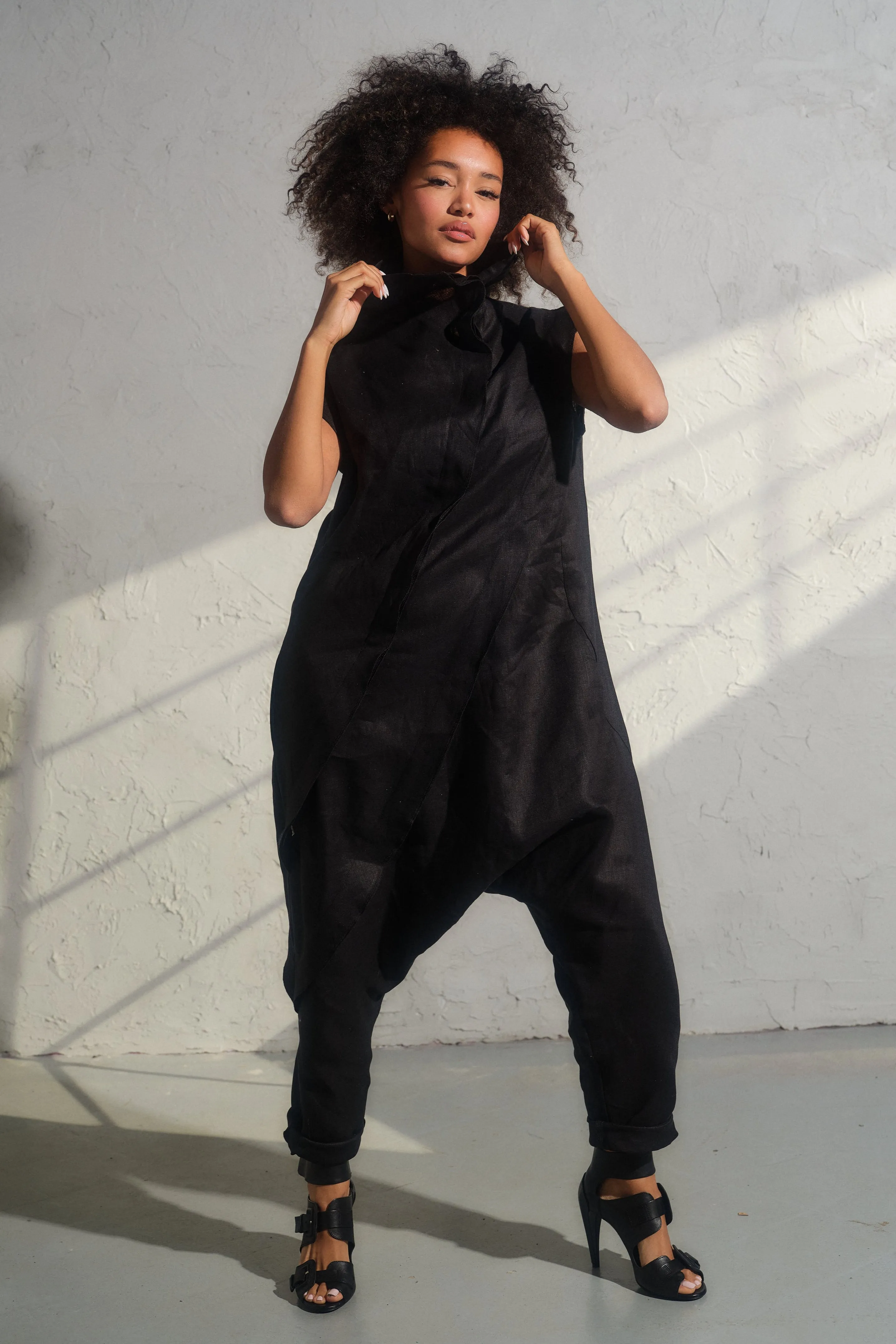 Black linen baggy jumpsuit