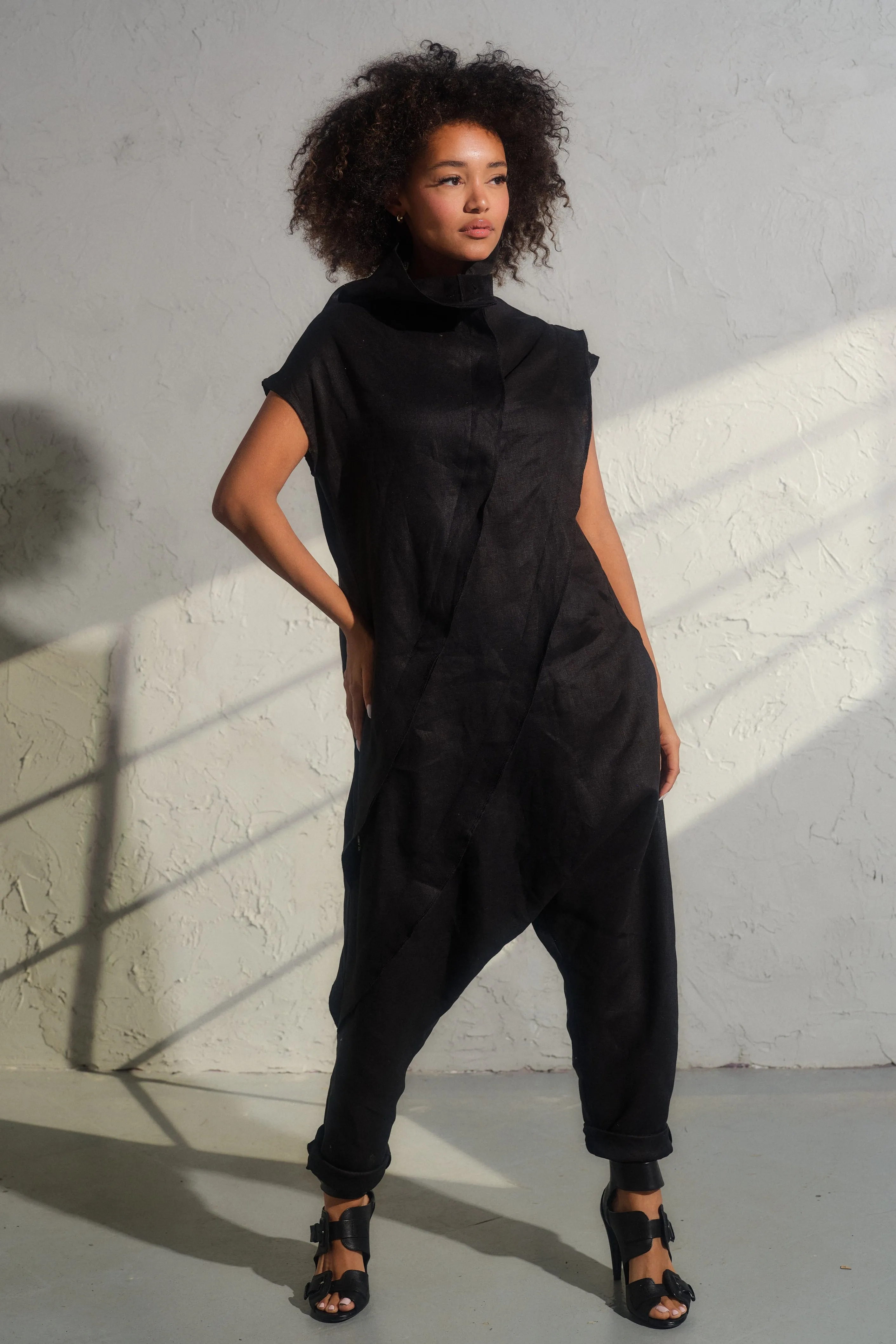 Black linen baggy jumpsuit