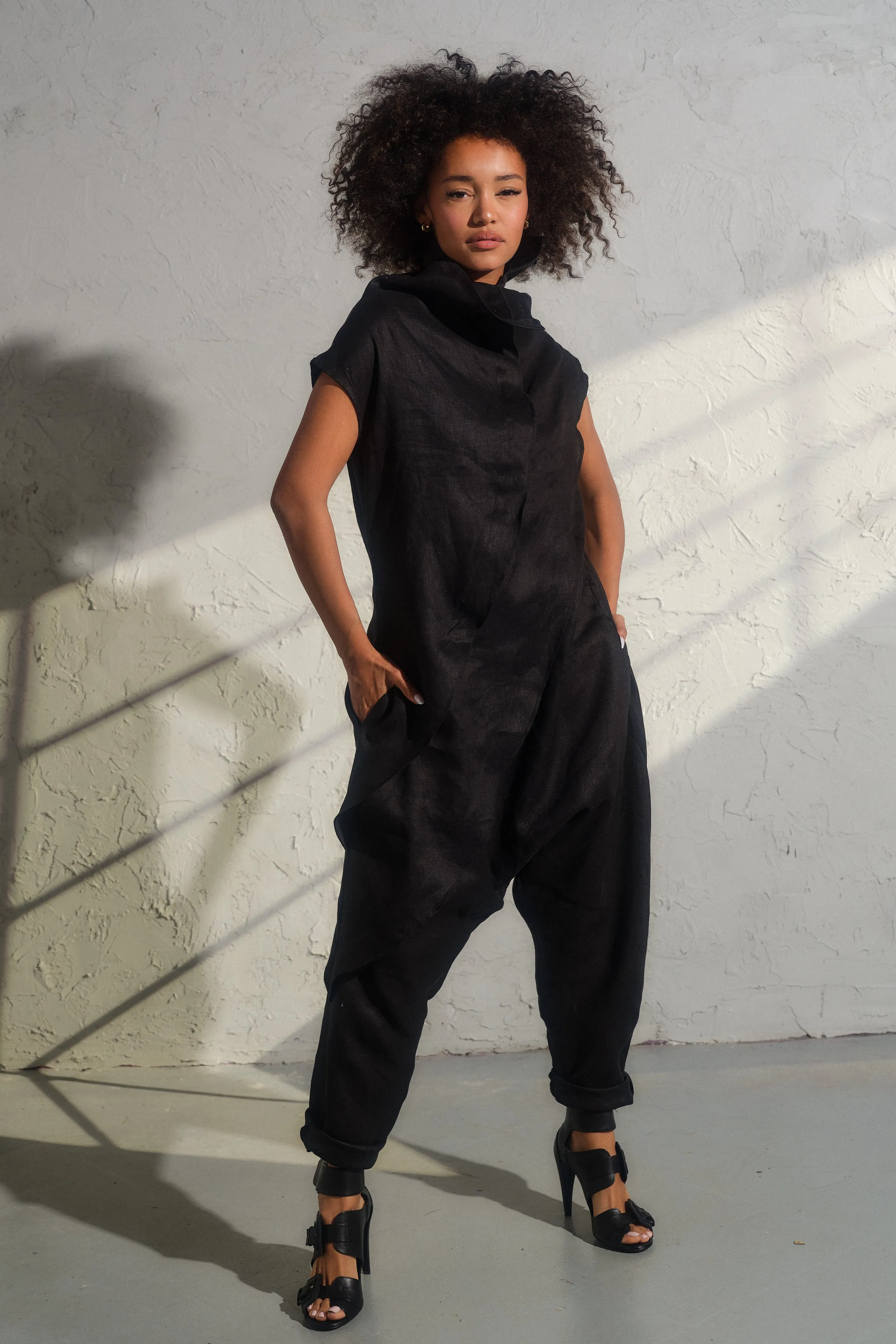 Black linen baggy jumpsuit