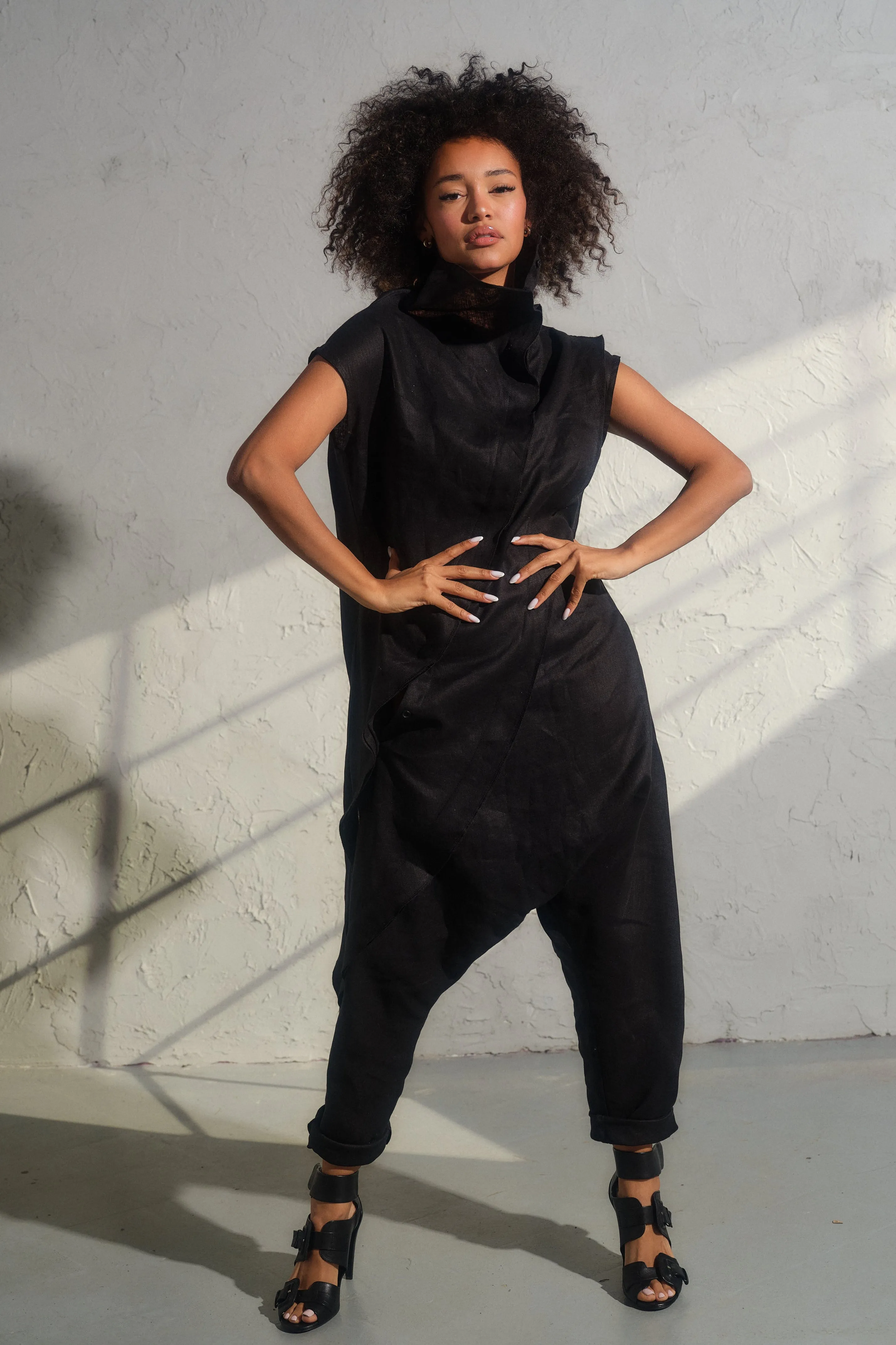 Black linen baggy jumpsuit