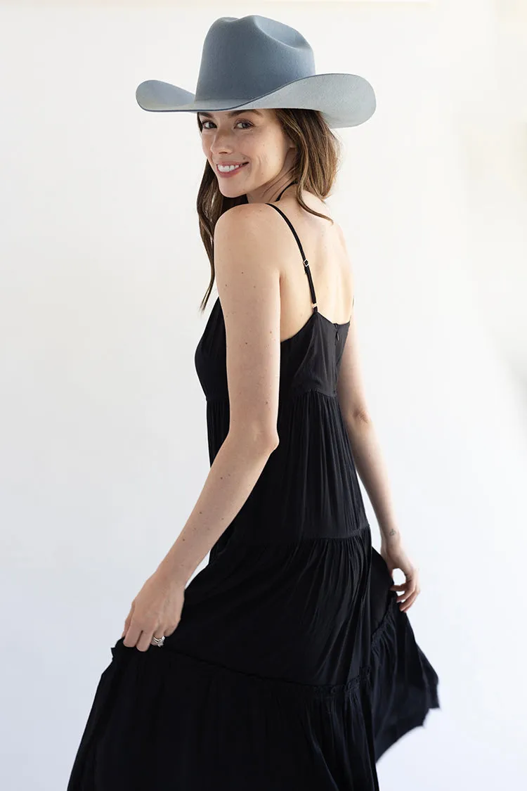 Black Tiered Skinny Strap Maxi Dress