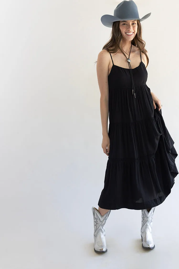 Black Tiered Skinny Strap Maxi Dress