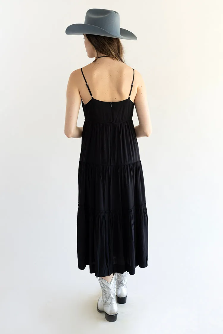 Black Tiered Skinny Strap Maxi Dress