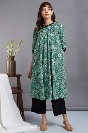 botanical twist - crew neck a-line gather dress