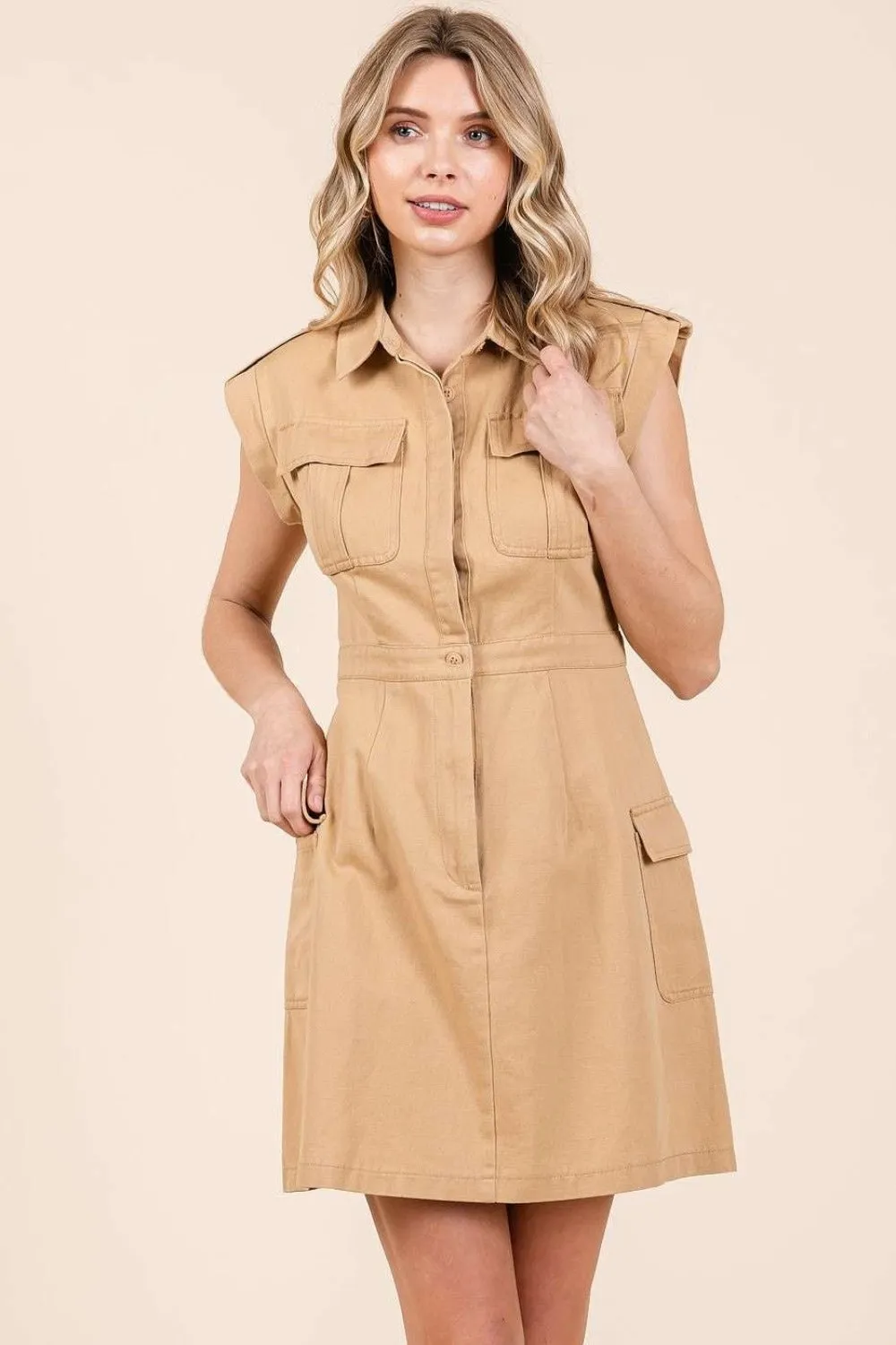 Cargo Pocket Half Button Mini Dress