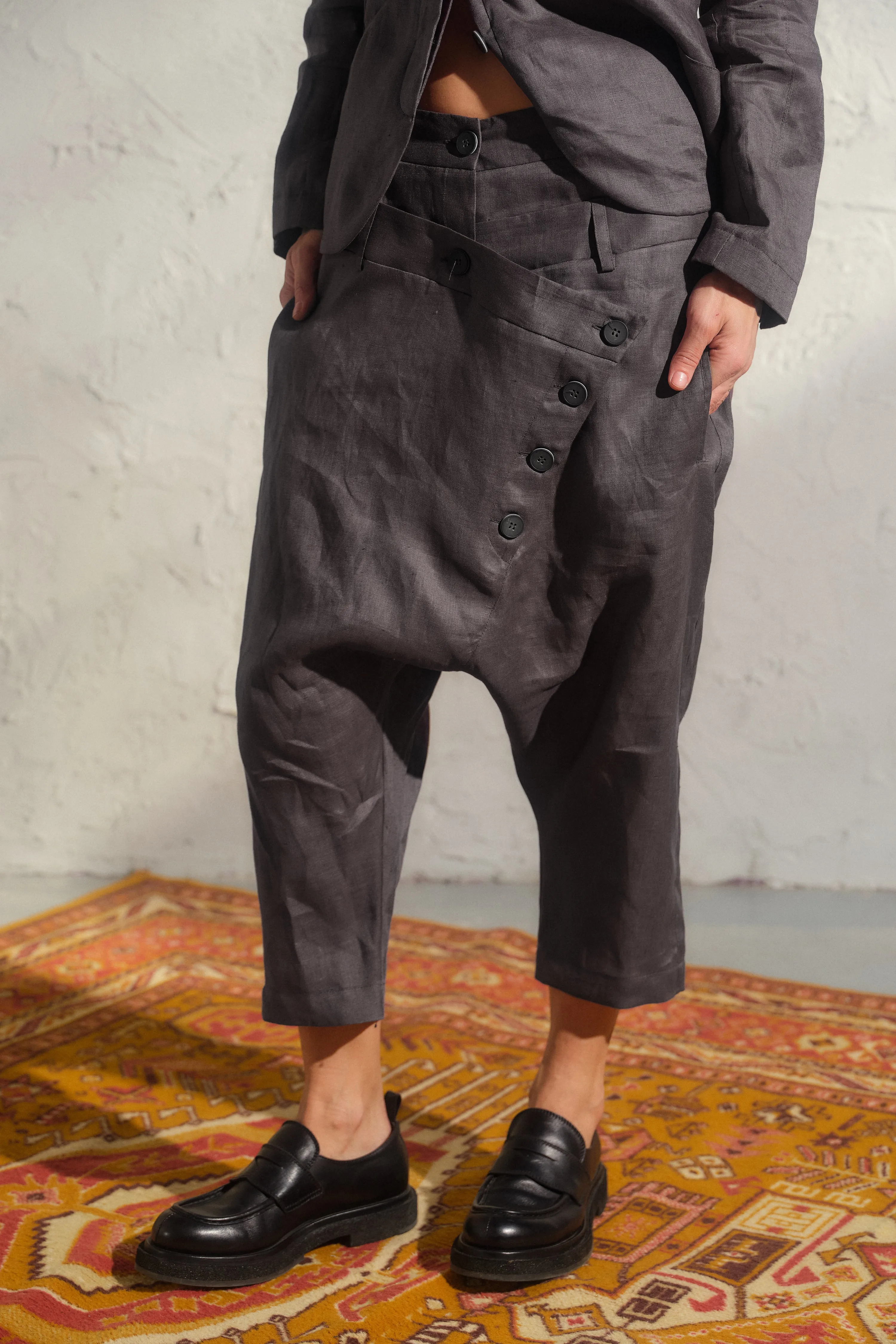 Double belt Linen Baggy Pants Womens