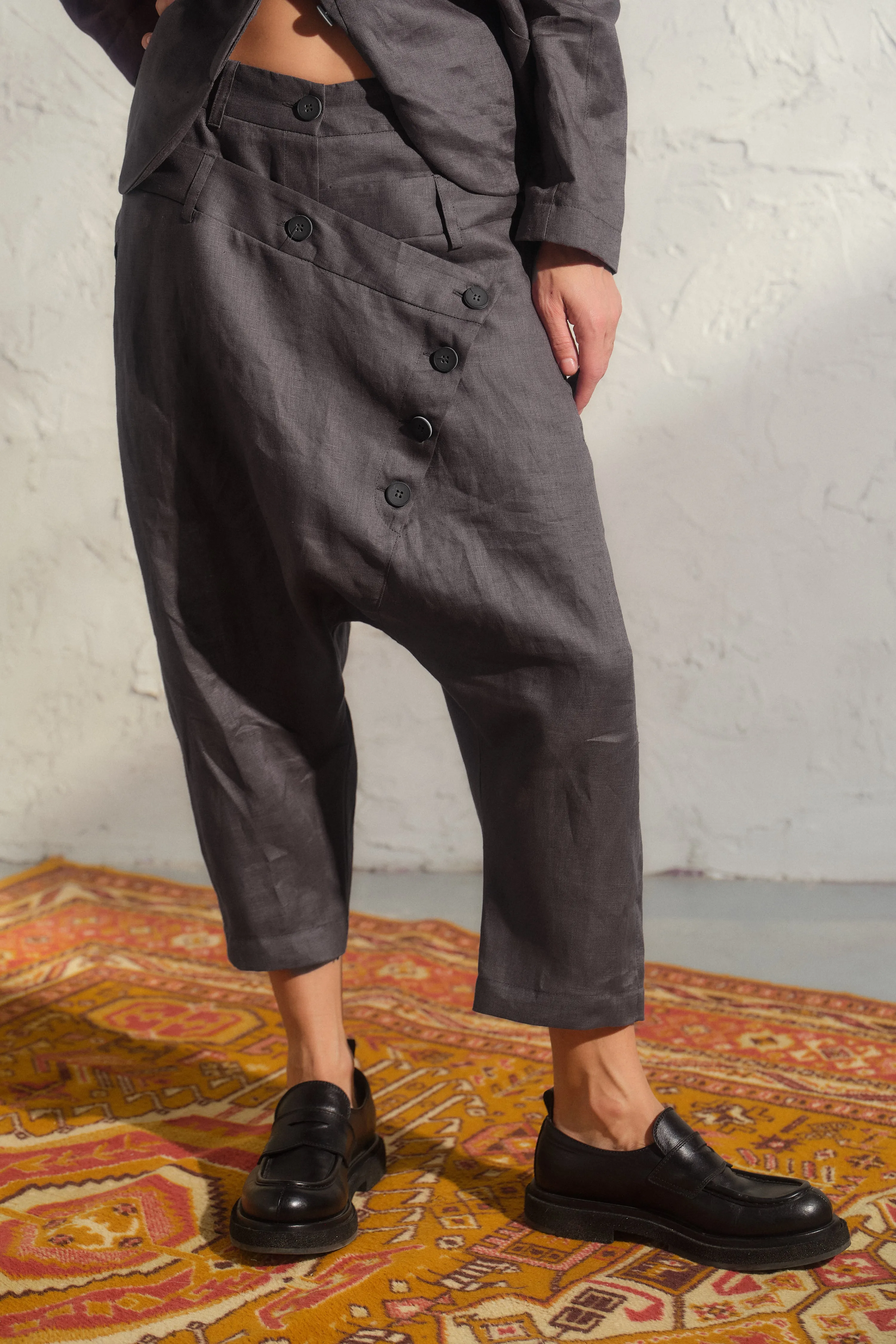 Double belt Linen Baggy Pants Womens