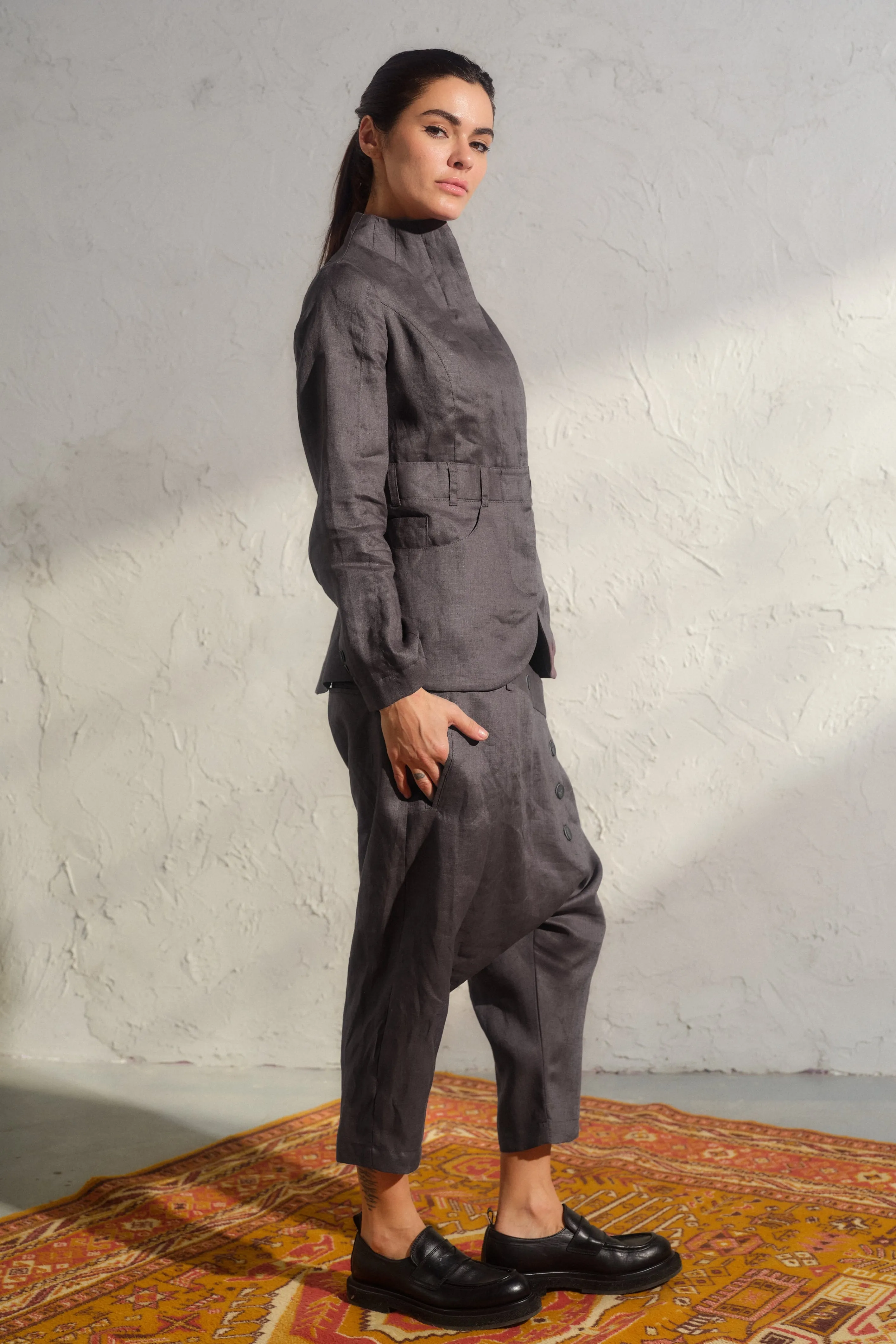 Double belt Linen Baggy Pants Womens