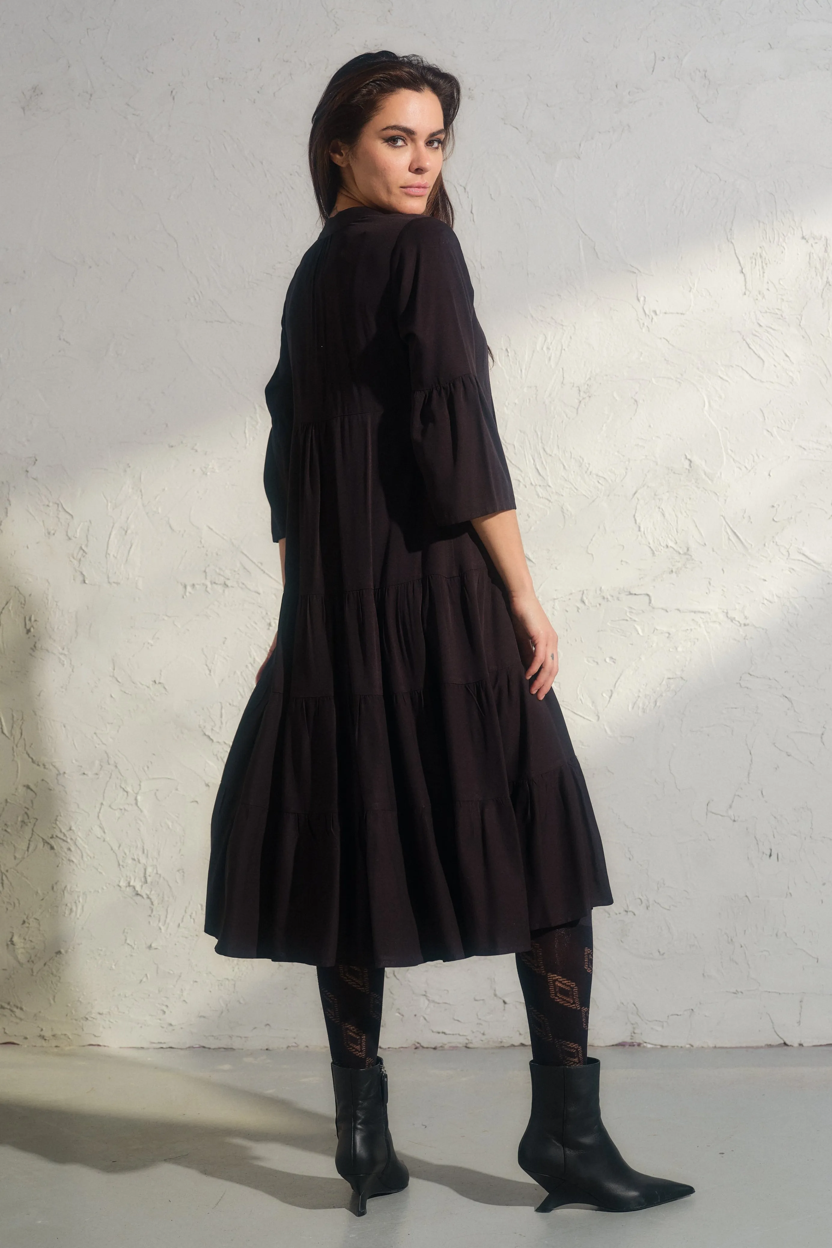 Elegant midi black viscose dress with bell sleeves