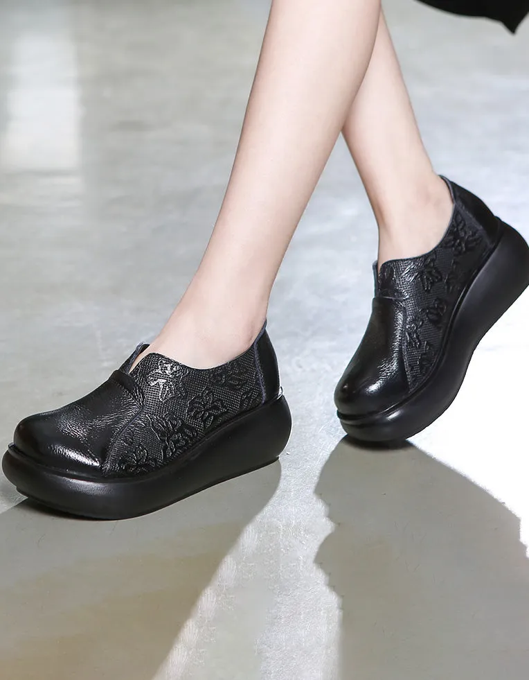 Embossed Handmade Leather Retro Wedge Shoes Spring