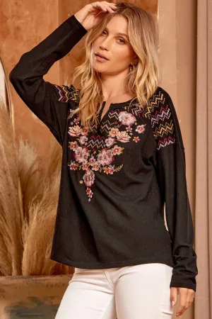 Embroidered Split Neck Top