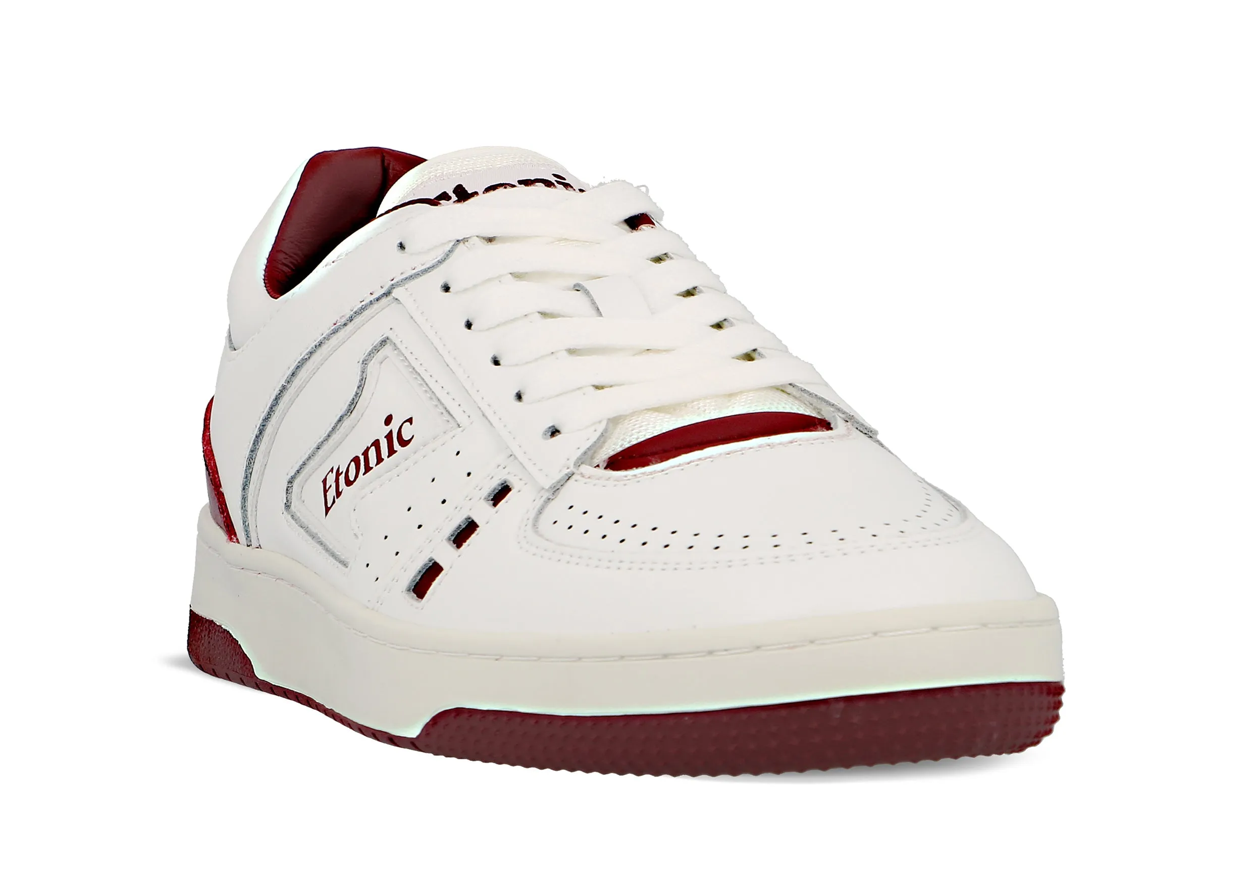 Etonic B509 sneakers in white leather with burgundy details and inserts.