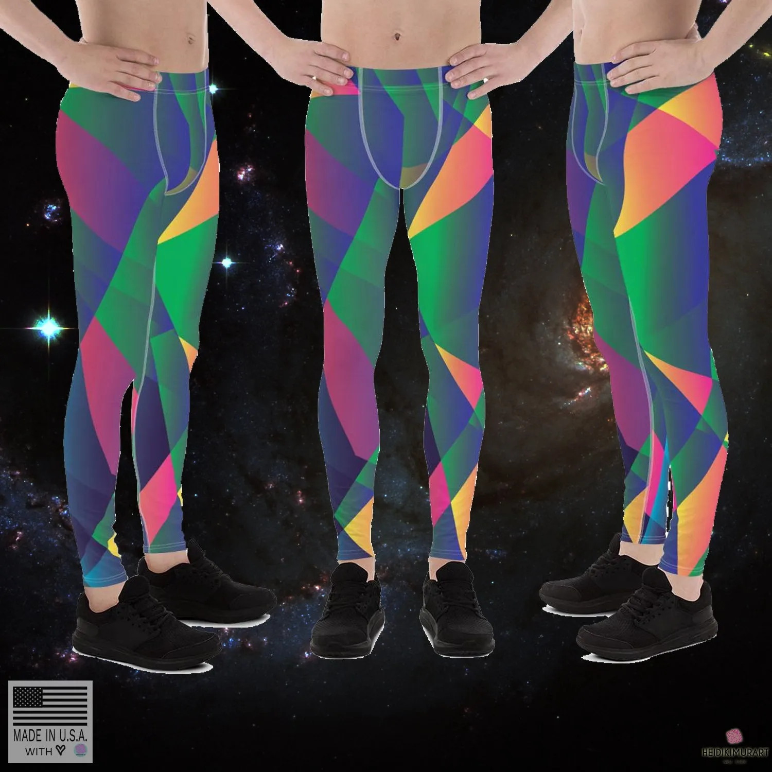 Green Diamond Printed Men Tights, Geometric Neon Bright Men's Leggings Meggings Tights - Made in USA