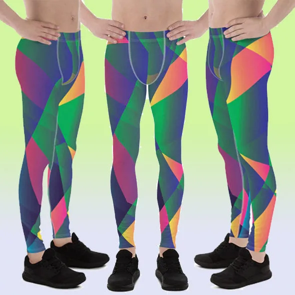 Green Diamond Printed Men Tights, Geometric Neon Bright Men's Leggings Meggings Tights - Made in USA