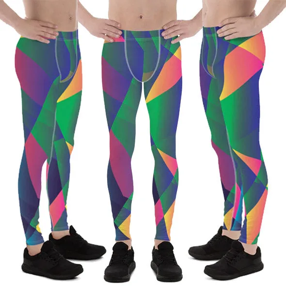 Green Diamond Printed Men Tights, Geometric Neon Bright Men's Leggings Meggings Tights - Made in USA