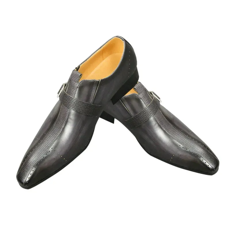 Grey Solid Buckle Strap Leather Shoes