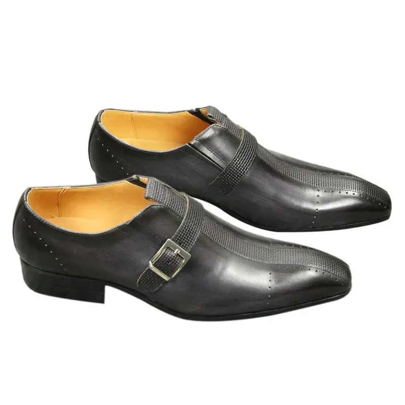 Grey Solid Buckle Strap Leather Shoes