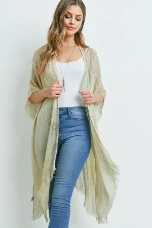 Hdf2498bg - Beige Glittered Fringed Open Cardigan