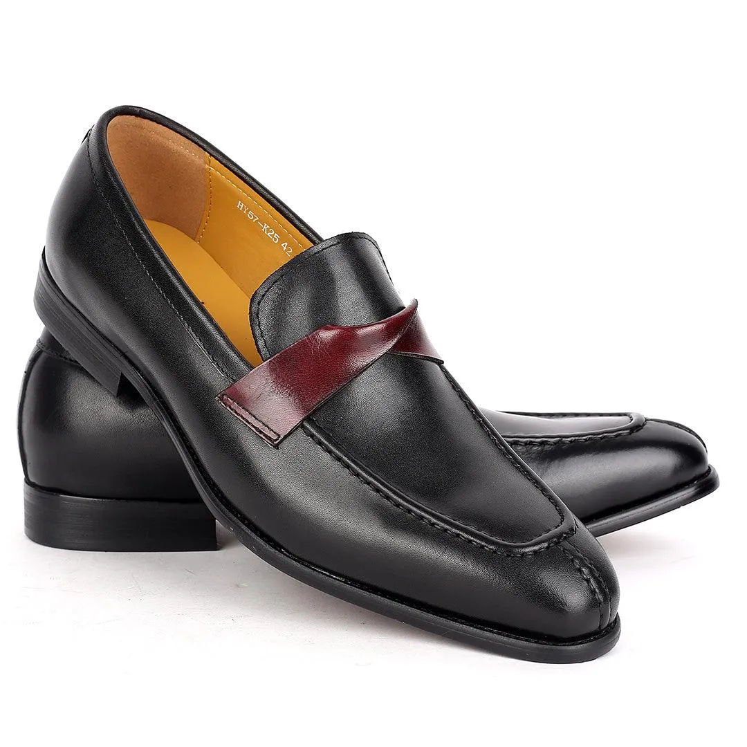 J.M Weston Classy Black Leather Shoe with Brown Twisted Belt Design