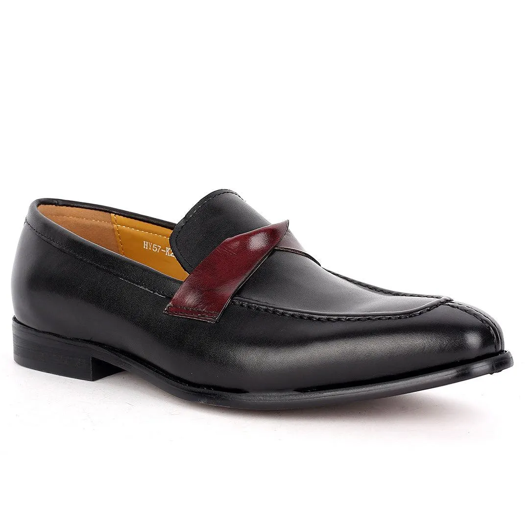 J.M Weston Classy Black Leather Shoe with Brown Twisted Belt Design