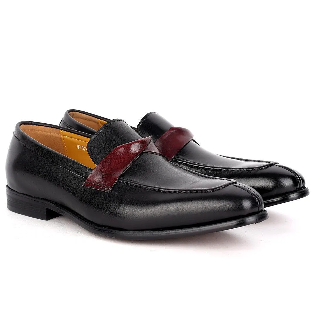 J.M Weston Classy Black Leather Shoe with Brown Twisted Belt Design