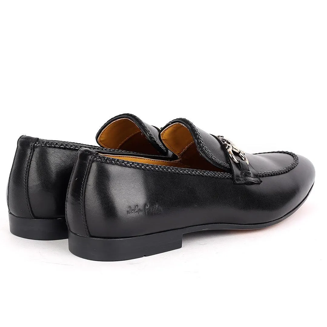 John Foster Elegant Black Textile Designed Leather Shoe