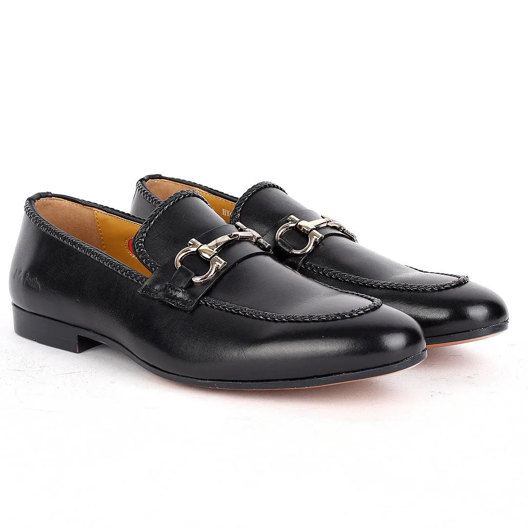 John Foster Elegant Black Textile Designed Leather Shoe